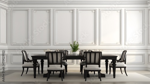 Black chairs and wooden dining table against of classic white paneling wall. Interior design of modern dining room. 3d rendering.