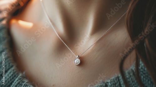Diamond necklace on woman's neck at jewelry store