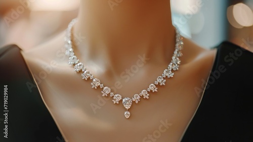 Diamond necklace on woman's neck at jewelry store photo