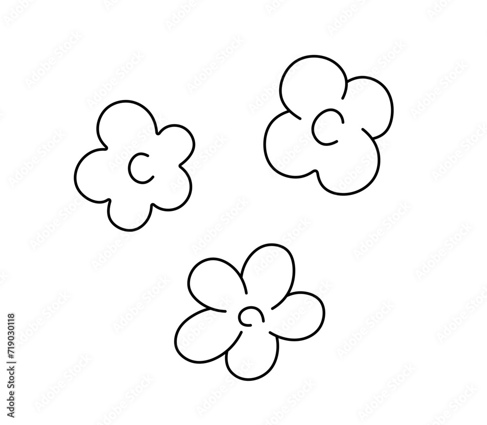 Vector isolated three trio simplest doodle flowers with petals chamomile colorless black and white contour line easy drawing Vector isolated three trio simplest doodle flowers with petals chamomile colorless black and white contour line easy drawing