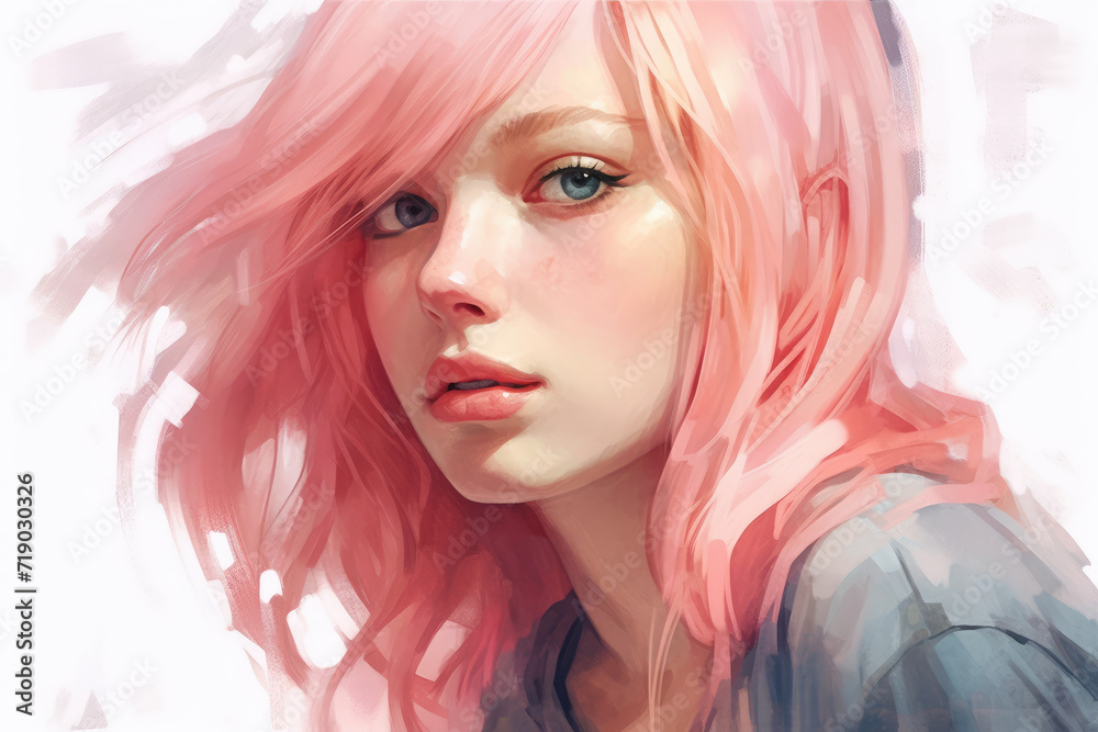 Portrait of a beautiful young woman with curly pink hair