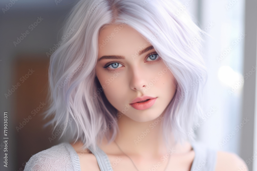 A beautiful young woman with shiny wavy blonde hair. Model with healthy skin, close up portrait. Cosmetology, beauty and spa A beautiful young woman with shiny wavy blonde hair. Model with healthy skin, close up portrait. Cosmetology, beauty and spa