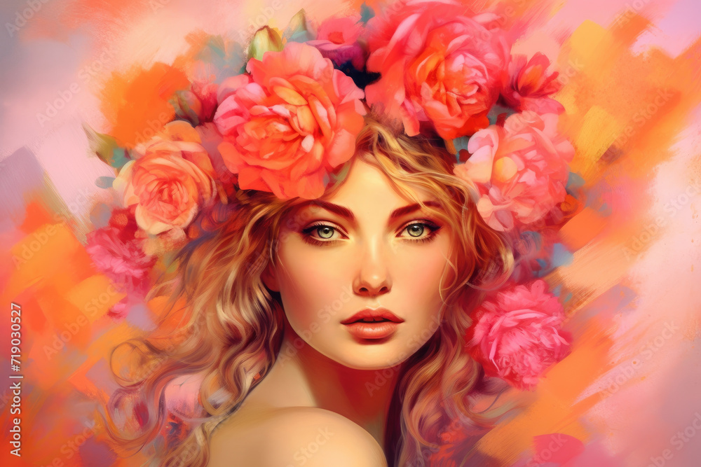 Watercolor young woman with flowers portrait art. Colorful creative watercolor illustration
