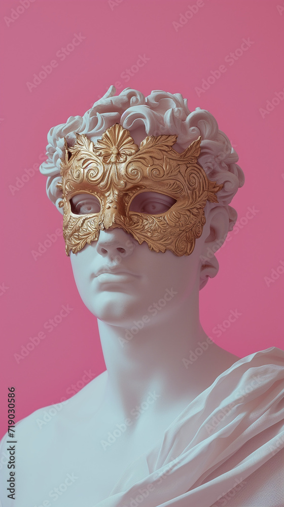 Roman statue of a man with golden mask on his face, on the pink background. Venice carnival minimal concept