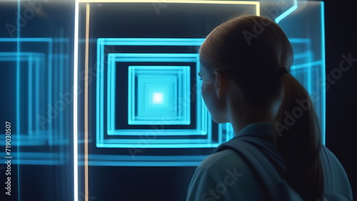 A girl in a gray sweatshirt with pigtailed hair looks at the hologram square photo