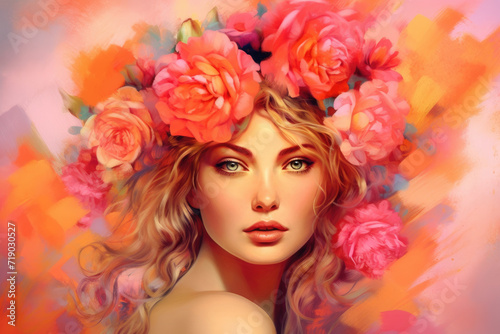 Watercolor young woman with flowers portrait art. Colorful creative watercolor illustration