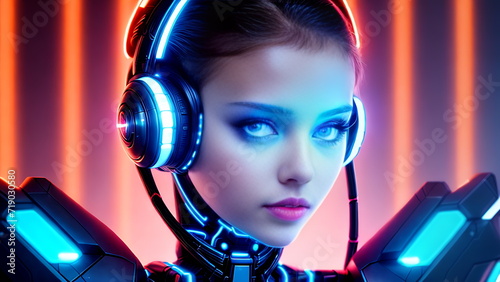 Cybersports girl with headphones. Robot girl. Future gaming clothing concept