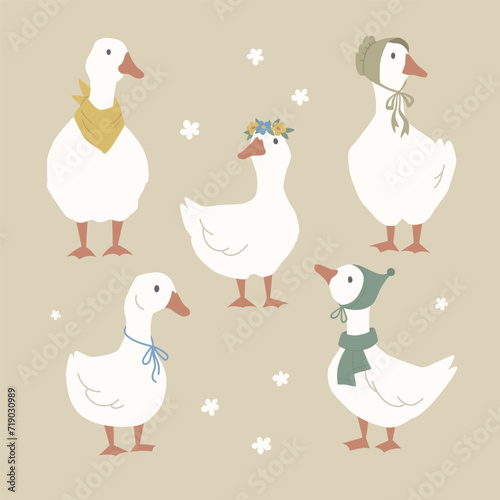 Geese in different poses. Poultry character. Dressed cute geese. Farm birds collection