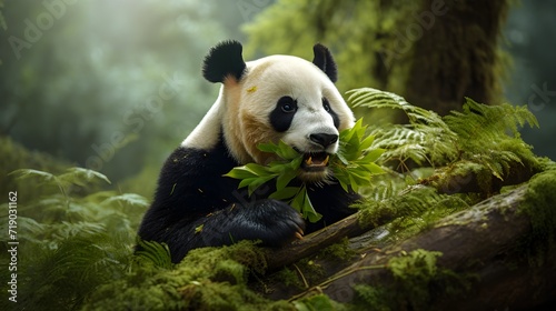 Panda in forest sitting and eating bamboo leaf.