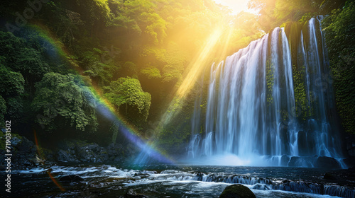 Fototapeta Naklejka Na Ścianę i Meble -  Stunning jungle waterfall view with bright sunlight creating a rainbow in the mist