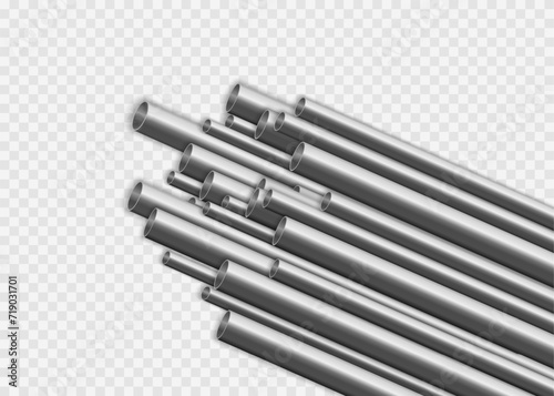 Aluminum pipes stack, straight steel, copper, metal or pvc plumbing cylinders on background. Industrial pieces of pipelines for conduit, factory or construction works. Steel tubes vector design