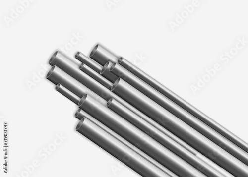 Aluminum pipes stack, straight steel, copper, metal or pvc plumbing cylinders on background. Industrial pieces of pipelines for conduit, factory or construction works. Steel tubes vector design