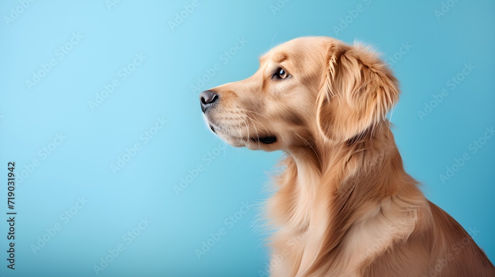 Golden retriever dog portraits on pink light background. Blank space for copy text.

