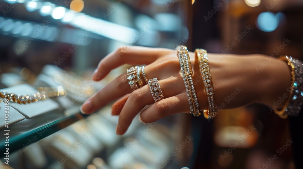 Various bracelets in women's hands at a jewelry store - obrazy, fototapety, plakaty 