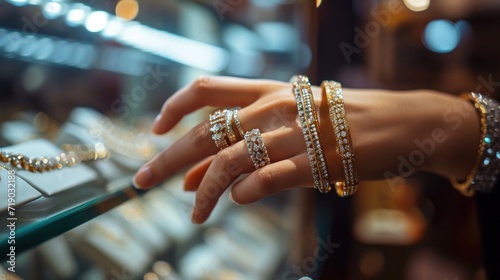 Various bracelets in women's hands at a jewelry store photo
