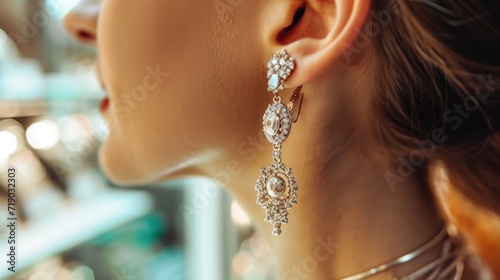Earrings in a woman's ear at a jewelry store