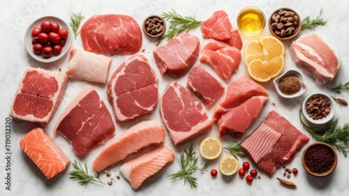 Top view of different raw meats and fish on white background, carnivore diet concept. generative, AI.