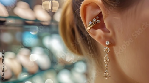 Earrings in a woman's ear at a jewelry store