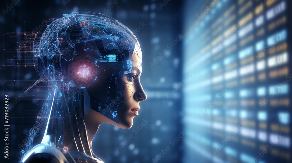 Female Cybernetic Robot Analyzing Big Data. Digital Mind Interface. Neon Circuitry Analytics. Futuristic Network Concept. Wide Format Banner for Technology Themes. AI Generated