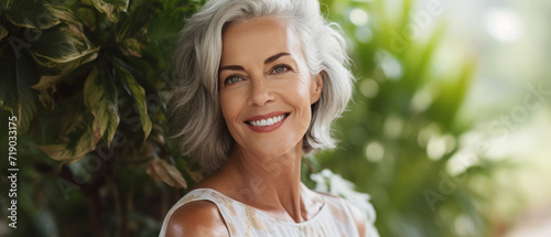 Portrait of a beautiful mature woman against a background of green plants. The concept of skin care, the menopause period. photo
