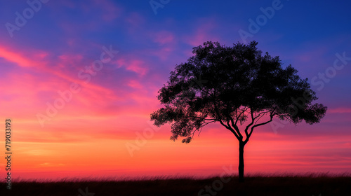 "Lone Tree Silhouette Against a Colorful Sunset Sky: A Serene Landscape with Vivid Purple and Pink Hues, Perfect for Backgrounds or Wall Art"