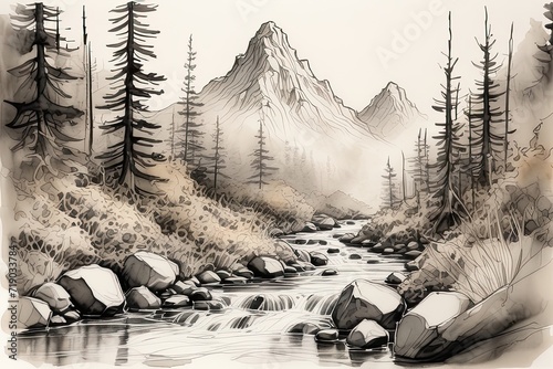 Monochrome forest with sketch of coniferous tree and mountain.