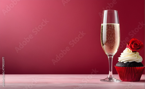 Valentine's Day concept. a glass of champagne, cupcakes and roses Generative AI