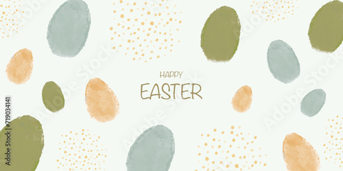 Vector horizontal banner with watercolor eggs and the inscription Happy Easter. Happy Easter banner. Easter card for your design. Vector EPS 10
