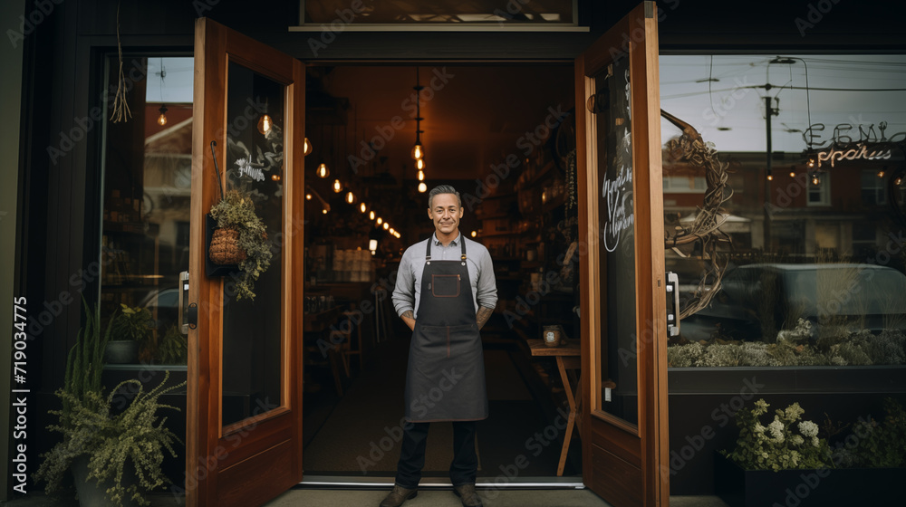 A personal and inviting scene featuring a small business owner standing at the entrance, looking directly at the camera A personal and inviting scene featuring a small business owner standing at the entrance, looking directly at the camera