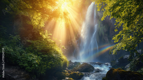 Stunning jungle waterfall view with bright sunlight creating a rainbow in the mist