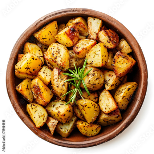 Herb infused roasted potatoes in a rustic bowl top view isolated on white
