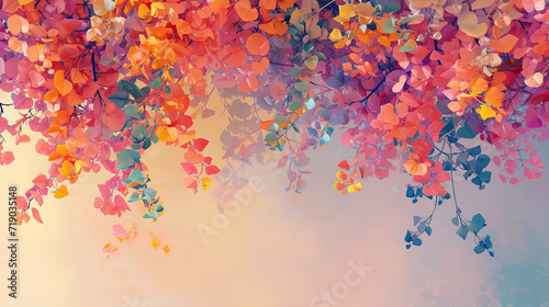 Fototapeta Naklejka Na Ścianę i Meble -  Elegant colorful with vibrant flower hanging branches illustration background. Bright color 3d abstraction wallpaper for interior mural, Generated by AI	