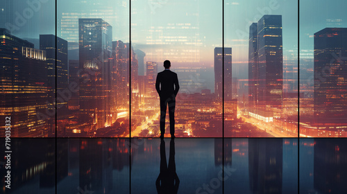"Business Visionary: Silhouette of a Confident Businessman Overlooking the Cityscape at Dusk"