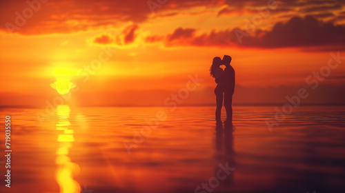 "Romantic Silhouette of a Couple Sharing a Kiss at Sunset by the Sea: A Love Story Against the Breathtaking Backdrop of a Golden Hour Sky"