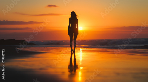  Serenity at Seashore  Silhouette of a Woman Standing Alone on the Beach at Sunset 