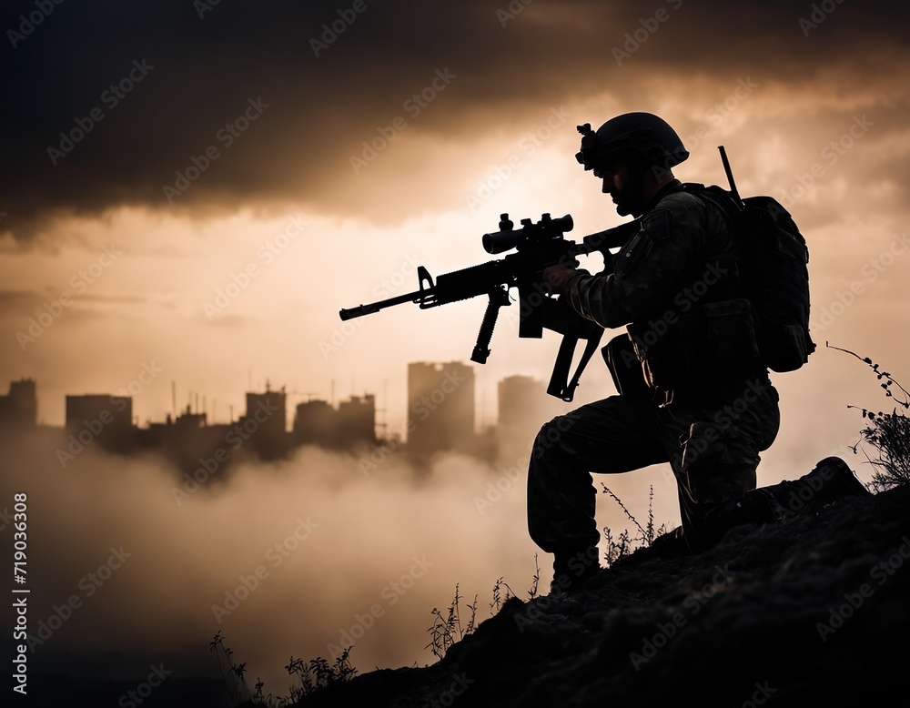 Military soldier silhouette with gun. War Concept. Military silhouettes fighting scene on war fog sky background, World War Soldier Silhouette Below Cloudy Skyline At night..