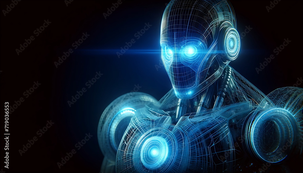 Digital illustration concept art of wire-frame glowing robot machine learning, AI concept robotic Digital illustration concept art of wire-frame glowing robot machine learning, AI concept robotic