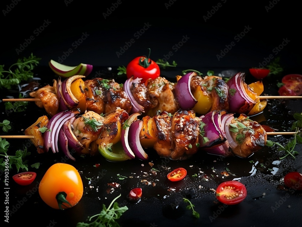 Grilled chicken on sticks with peppers and onions over white background