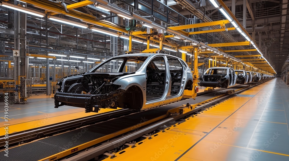 Automotive Creation Car assembly process at the plant, showcasing the integration of robotics and human workers in automotive production