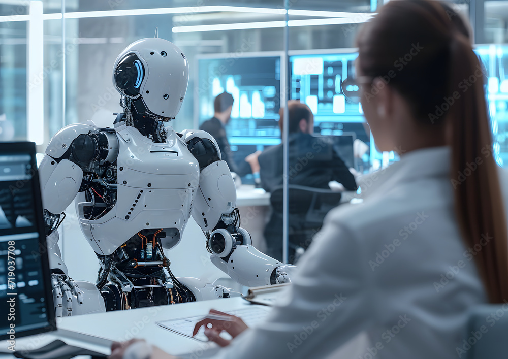 Human working with AI robot concept. Relations between people and robot machine. Human working with AI robot concept. Relations between people and robot machine.