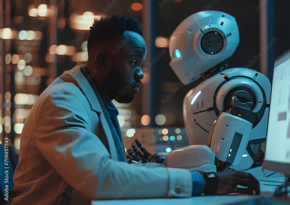 Human working with AI robot concept. Relations between people and robot machine.