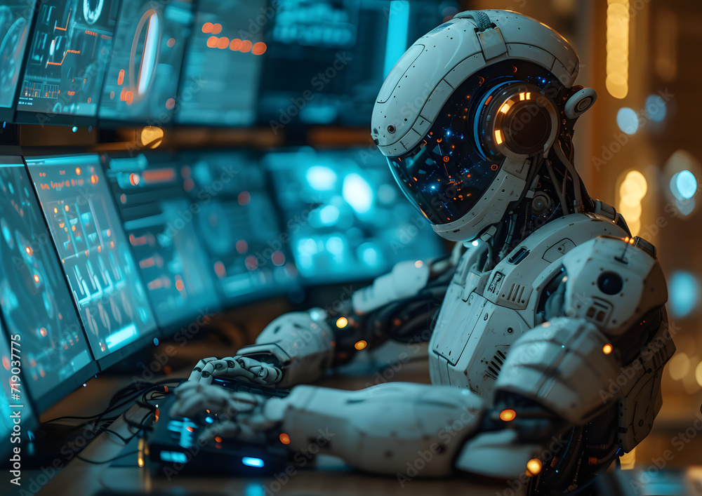 Human working with AI robot concept. Relations between people and robot machine.