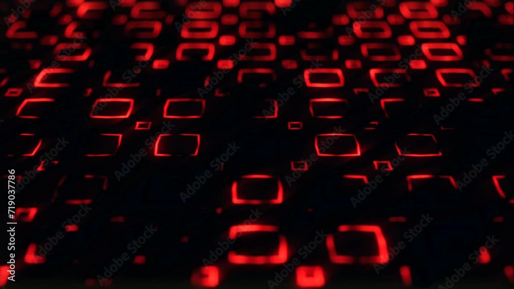 Abstract technology background of neon red elements changing shapes with bokeh effect. Computer virus or internet system hacking concept. Computer virus attack, cybersecurity, software hack. 4k.