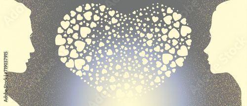 Valentine's day holiday banner. Template greeting card with frame heart, light silhouette man and woman, falling gold confetti. Festive vector of image lovers dates on dark grey sky background. EPS 10