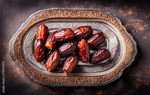 Plate of pitted dates on a dark wooden background. Top view