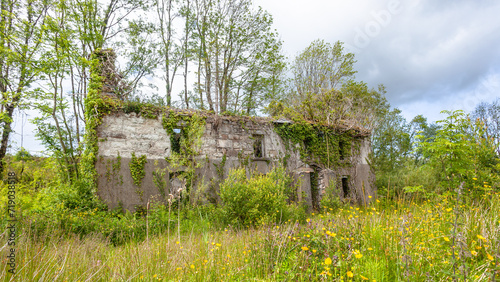 Abandoned House Structure Ruins Overgrown Vegetation Hill Rural Landscape.