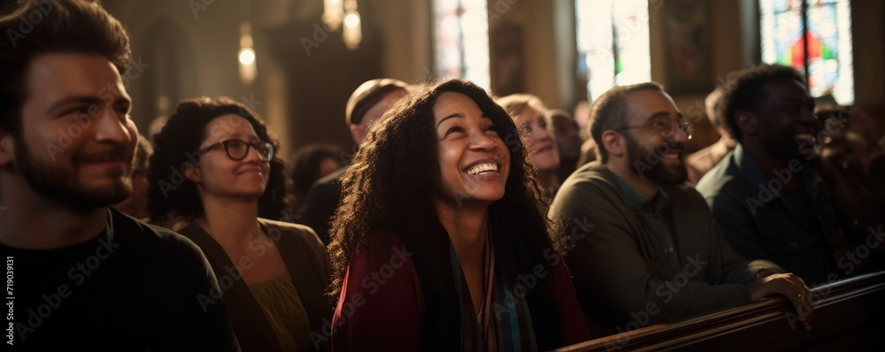 people sit in the church and listen to the pastor's sermon - obrazy, fototapety, plakaty 