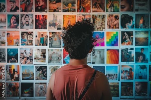 A person gazing at a wall of photos, each showing a different aspect of LGBT+ life and culture, representing diversity within the community