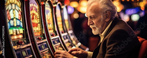 An old man playing on slot machine in casino photo