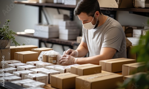 Man packing packages with products, prepares packages for transport company © Daniela